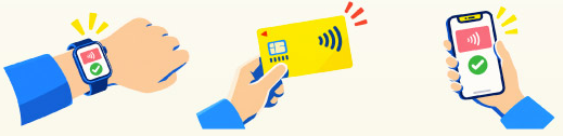 スマートウォッチ、カード、スマートフォンでタッチ決済するイラスト